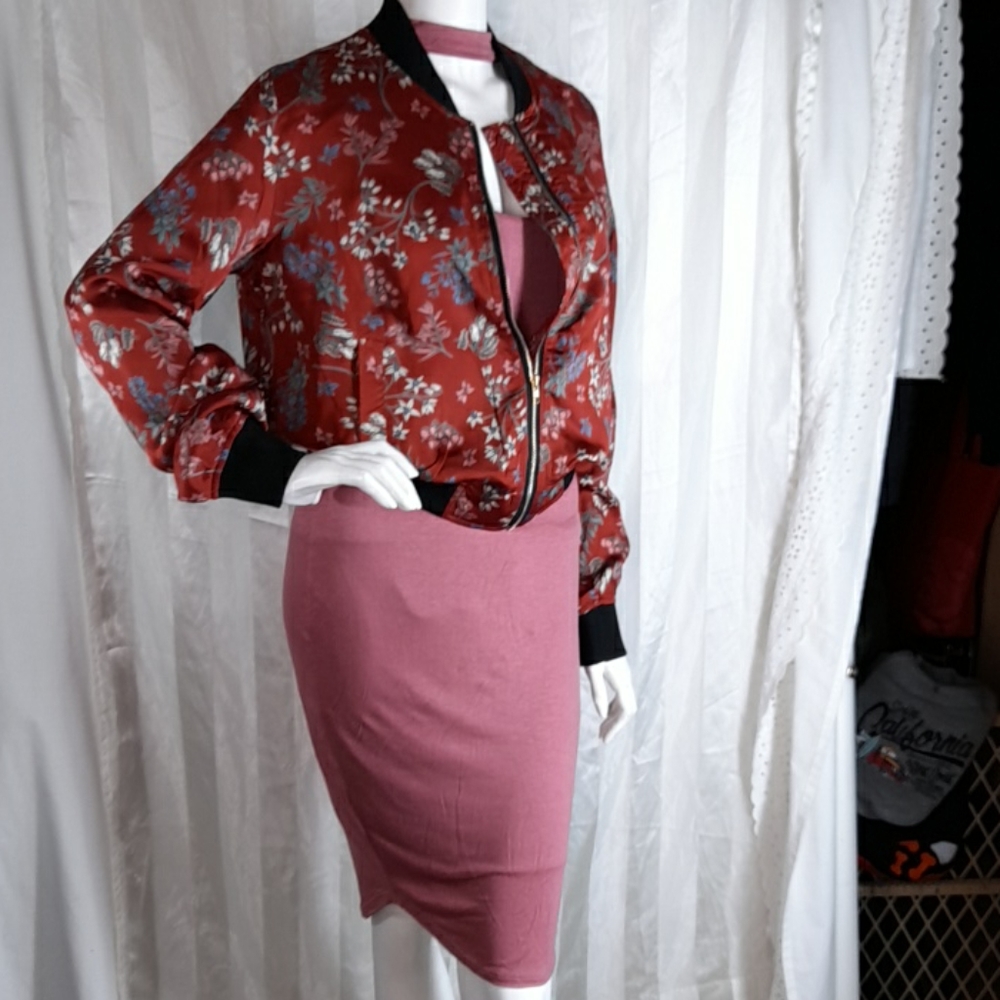Floral Burgundy Lightweight Bomber Zipper Jacket - Picture 4 of 9